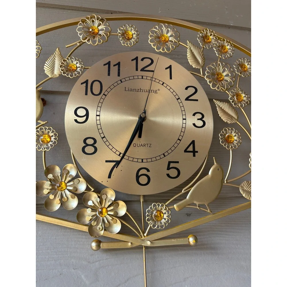 Lianzhuang Gold Fan Wall Clock Floral Bird Pendulum Quartz Crystal Accents 24in